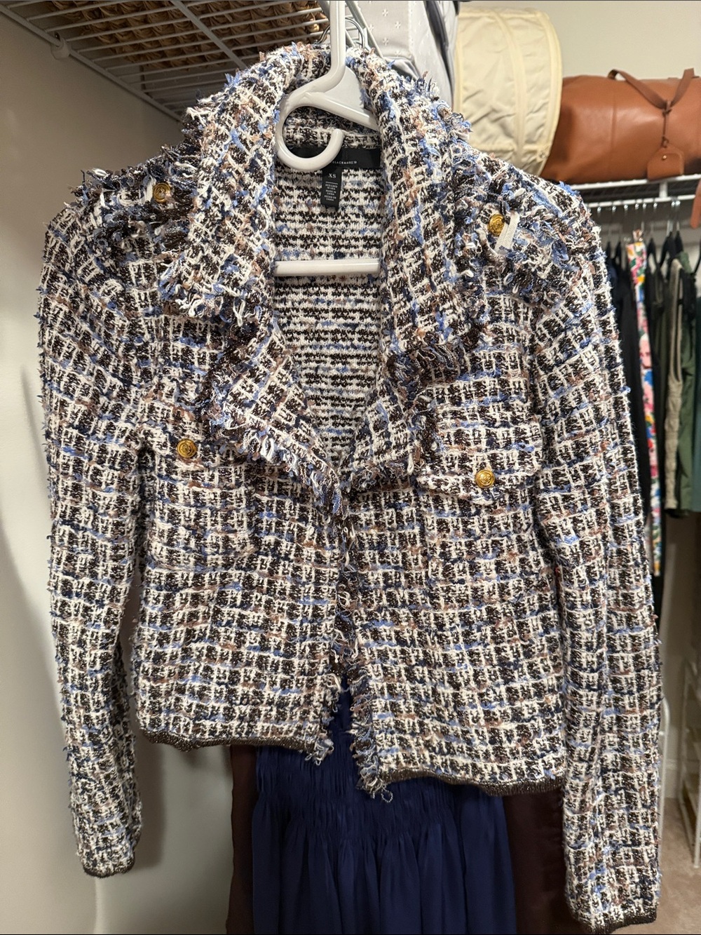 White House Black Market Bouclé Fringe Blazer in Blue, White & Brown flawless
